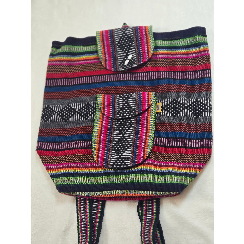 Pinzon Woven Multi Color Striped Boho Backpack Geometric Festival Bag Toggle‎